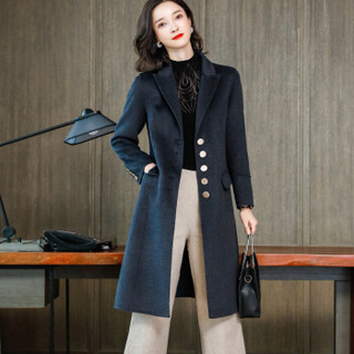 古地斯 GuDiSi 双面羊毛绒大衣女中长款2019年新款韩版高端羊毛大衣小个子双面呢外套YLF1960 混蓝 L