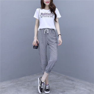 瑜珏（YuJue）运动套装女 2019夏季新款韩版宽松时尚格子短袖七分裤休闲两件套 DYGF855 白色 XL