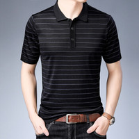 皮尔卡丹夏季男士短袖T恤薄款翻领时尚针织条纹显瘦短袖上衣T恤黑色 XL
