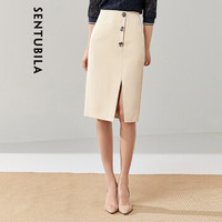 尚都比拉开叉包臀裙女2019女装新品高腰单排扣百搭半身裙 193Q1826284 卡其色 S