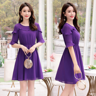 凡淑 夏季女装新款时尚潮流中长款短袖连衣裙显瘦优雅收腰修身A字裙 yzBLKE1921 紫色 XL