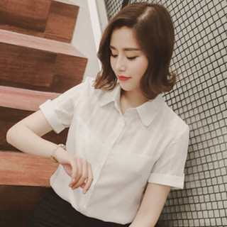 朗悦女装 短袖衬衫女2019夏季新款白衬衣韩版学生简约纯色上衣 LWCC187111 白色短袖 XL