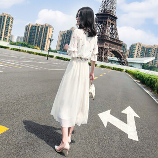 维迩旎 2019夏季新款女装新品白色雪纺刺绣连衣裙很仙的法国小众复古v领a字裙子 zx3A41-714 白色 XS