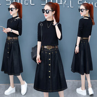 莉夏乐 2019秋季新款女装休闲牛仔连衣裙女长袖小个子两件套装 HZ439-1902TZ 黑色 S