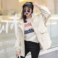 JOY OF JOY 京东女装2019秋新款大码宽松休闲涂鸦字母风衣薄外套女潮 JWFY197766 杏色 S