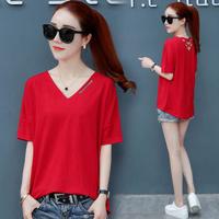 AUDDE 2019夏季新款女装新品短袖T恤女韩版宽松纯色V领露背半袖上衣时尚百搭 HZ2035-9912 红色 3XL