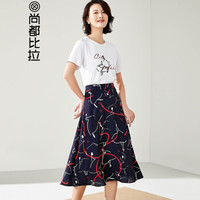 尚都比拉印花T恤印花半身裙两件套女2019女装新品纯棉上衣时尚A字裙192Z0224689 白配花色 XL