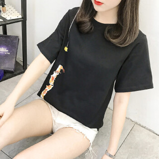 莉夏乐 夏季新品韩版女装T恤卡通短袖时尚百搭气质女学生 zx2A041-RA479 黑色 L