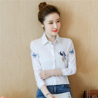 曼如芬 长袖衬衫女 2019秋装新品 职业装女士上衣韩范百搭修身纯色刺绣衬衣 MBBM810 白色 S