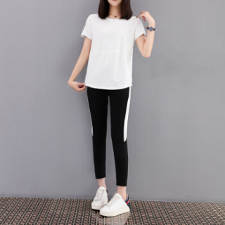 商品hmdime 2019夏季新款套装 韩版显瘦白色t恤女黑色运动裤两件套 hd