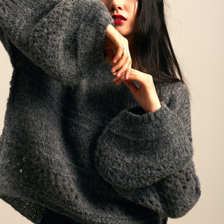 QAYTU 女士毛衣秘鲁原产小羊驼毛手工粗针葫芦袖毛衣 WW18-020 403 深灰色 均码