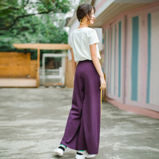 INMAN 茵曼 夏装新款圆领韩版短袖T恤高腰宽松阔腿运动裤两件套女 18921|721106 紫色 S