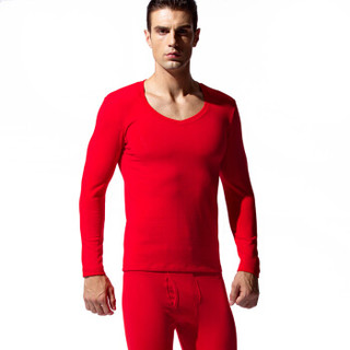 韩彩（HACAI）男士保暖内衣V领氨纶双面布保暖内衣套装 中国红 170\95(L)