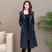 沫欣 风衣女2019秋冬新品纯色连帽收腰显瘦中长款百搭口袋轻薄风衣外套 KKHYXB8106 藏蓝色 L