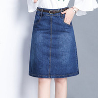 一塘晨夏装2019款女气质简约高腰修身显瘦牛仔半身裙 S91R0603BA507S 牛仔蓝 S