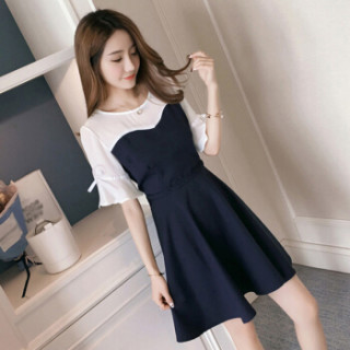 朗悦女装2019夏季新款短袖连衣裙学生韩版收腰a字裙雪纺裙lwqz193227