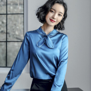 女长袖2019春夏新款桑蚕丝上衣欧美时尚蝴蝶结立领衬衣 a231 宝蓝色