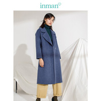 茵曼(INMAN)冬装新款纯色翻领宽松长款双面呢外套大衣女 18842|80143 蓝色 M