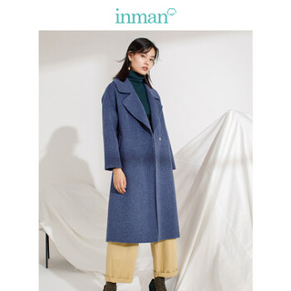 茵曼（INMAN）冬装新款纯色翻领宽松长款双面呢外套大衣女 18842|80143 蓝色 M