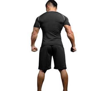 潮流假期 运动套装男士健身服篮球吸汗速干透气马拉松晨夜跑步短裤短袖 NZ9001-黑色拼线-短袖两件套-XXXL