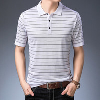 皮尔卡丹夏季男士短袖T恤薄款翻领时尚针织条纹显瘦短袖上衣T恤白色 XL