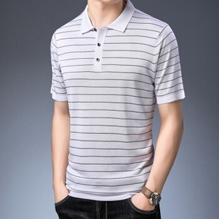 皮尔卡丹夏季男士短袖T恤薄款翻领时尚针织条纹显瘦短袖上衣T恤白色 XL