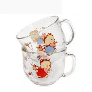 Glasslock 进口卡通玻璃水杯韩国清新小熊大容量儿童牛奶杯带把茶杯 早餐杯 小熊水杯 咖啡杯