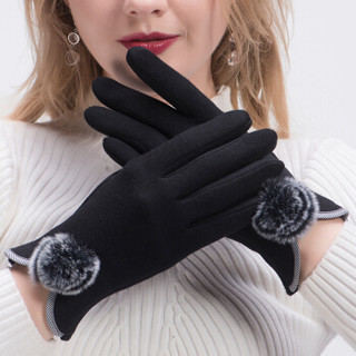 北诺（BETONORAY）手套女保暖冬季加绒触屏女士薄款开车骑行骑车学生可爱羊毛线手套 毛球款 黑色