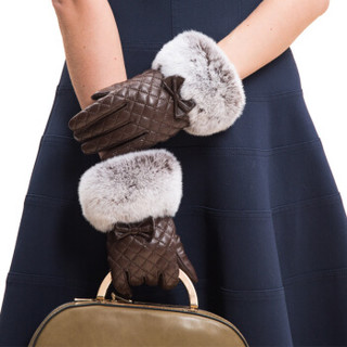 圣苏萨娜触屏手套 冬季保暖加厚绒里獭兔毛口头层羊皮 女士皮手套SW-282 咖色 M