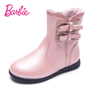 芭比 BARBIE 童鞋 女童靴子2019新款冬季保暖儿童棉靴加绒公主小高跟皮靴中筒靴 2813 粉色 28码