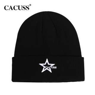 CACUSS Z0342帽子男新品男女冬天加绒加厚针织帽韩版保暖棉质毛线帽 黑色白字（加绒）