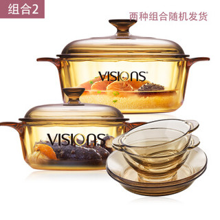 康宁（VISIONS）晶彩透明玻璃锅汤锅蒸锅家用锅具套装0.8L+2.25L+紫色碗碟套装4件组