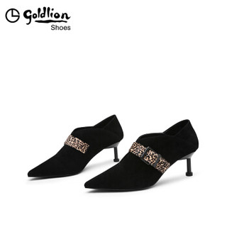 金利来（goldlion）女士尖头深口单性感豹纹皮带扣装饰细高跟鞋62994007701P-黑色-36码