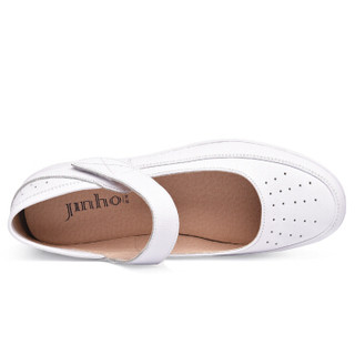 金猴（JINHOU）简约牛皮透气浅口魔术贴 运动防滑旅游护士鞋女 Q50021H 白色 40码 