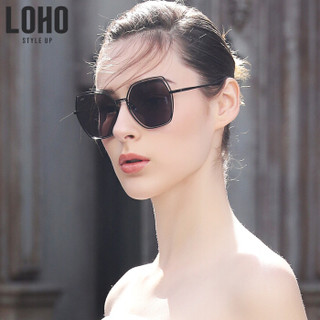 LOHO 墨镜女圆脸大框太阳镜时尚百搭多边形太阳眼镜2019新品 LHK623 黑色