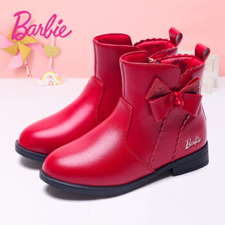 芭比 BARBIE 童鞋 儿童马丁靴2019新款冬季加绒保暖女童短靴时尚公主皮靴 2828 红色 33码