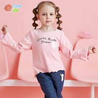 贝贝怡 193S2158 秋季新款女童字母印花长袖T恤可爱荷叶边上衣 粉色 66