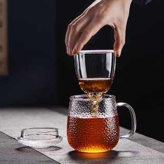 青苹果 玻璃杯 泡茶杯 耐热茶具茶水分离杯 手工加厚锤纹 带过滤玻璃水杯450ml