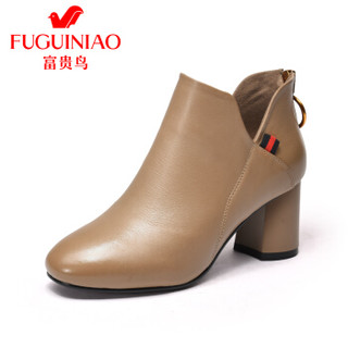 富贵鸟（FUGUINIAO）粗跟女短靴英伦风时尚舒适百搭G89A088CC 驼色 39