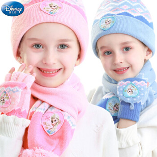 迪士尼女童帽子围巾手套3件套装保暖冬女孩幼儿儿童针织宝宝毛线 F2494-2冰雪粉 均码/适合3-6岁