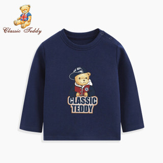 精典泰迪 Classic Teddy 童装儿童长袖T恤男女童打底衫宝宝衣服婴儿上衣T恤N 棒球帽子熊-深蓝 120