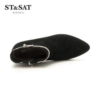 星期六（ST&SAT）同款绒面羊皮革尖头粗跟时尚短靴SS74116403 黑色 35
