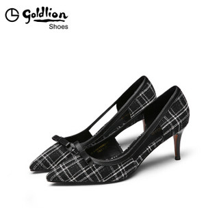 金利来（goldlion）女士尖头优雅格子布拼接侧空单细高跟鞋61991006001P-黑色-37码