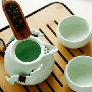 尚帝 旅行茶具套装便携快客杯陶瓷茶壶茶杯干泡茶盘 便携茶具 遨游粉青一壶二杯