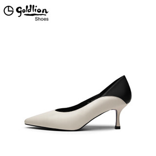 金利来（goldlion）女士尖头浅口单简约撞色工作细高跟鞋62693001521P-米白-34码