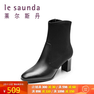 莱尔斯丹 le saunda 时尚优雅圆头拼接侧拉链高跟女短靴 LS 9T73501 黑色 34