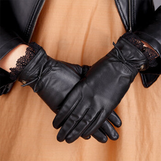 鳄鱼恤（CROCODILE）女士羊皮手套 时尚蕾丝边薄款蝴蝶结分指手套 19642007-01 黑色XL码