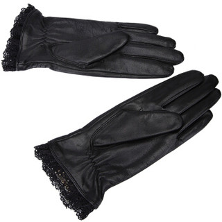 鳄鱼恤（CROCODILE）女士羊皮手套 时尚蕾丝边薄款蝴蝶结分指手套 19642007-01 黑色XL码