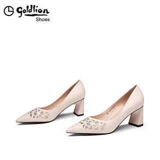 金利来（goldlion）女士尖头浅口粗高跟镂空设计职业工作单鞋62691010521P-米白-37码
