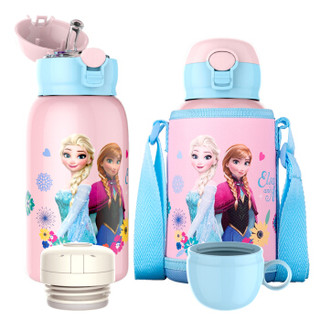 迪士尼（Disney）宝宝吸管杯 儿童保温杯男女婴儿水杯学生户外便携316不锈钢水壶带被套 双盖粉色冰雪550ml